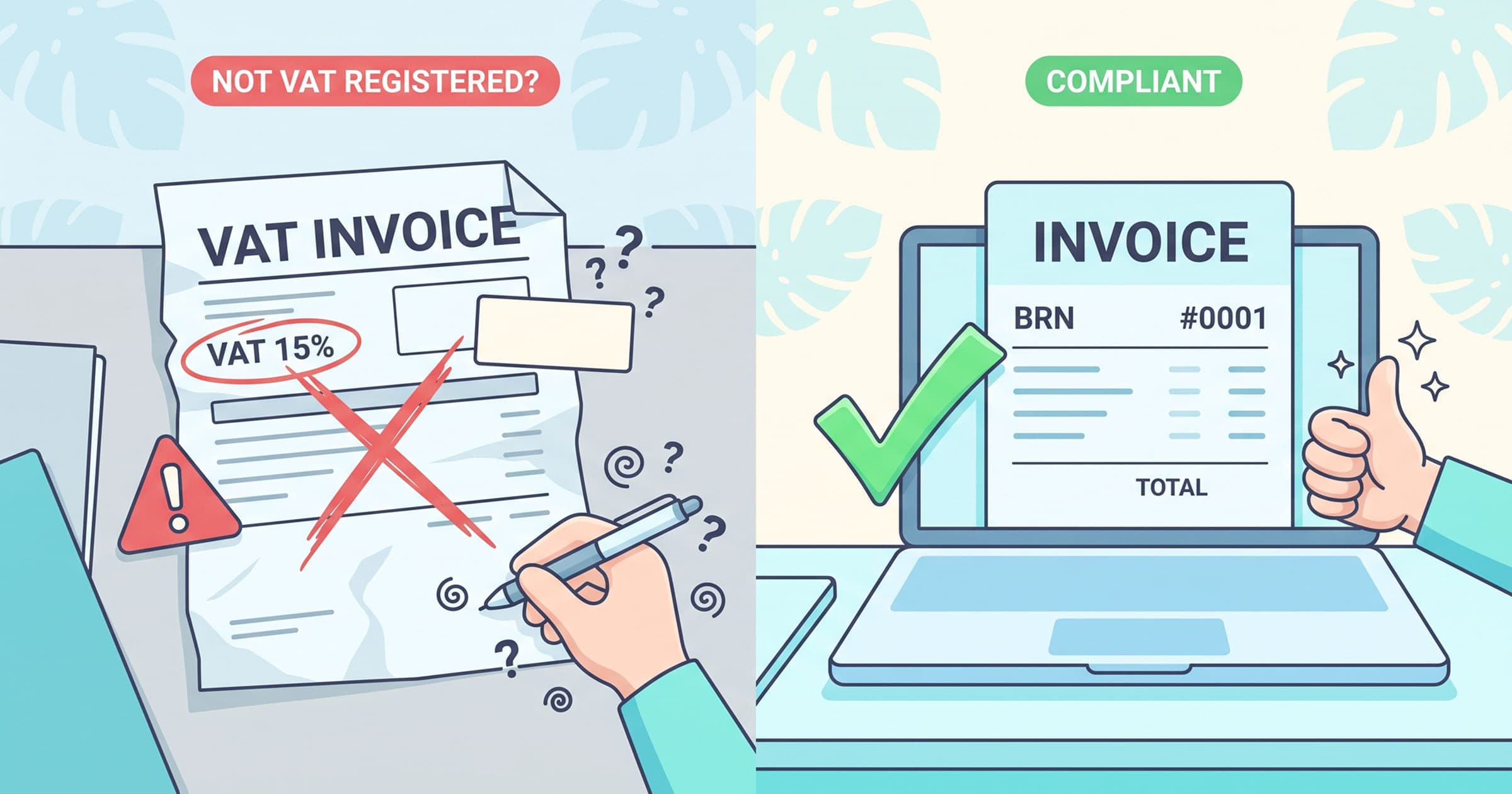 A compliant invoice from a non-VAT-registered freelancer next to a non-compliant one showing VAT